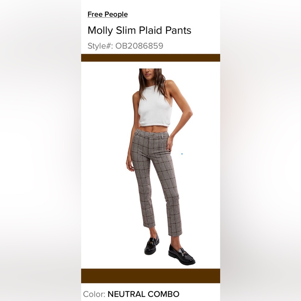 Free People Molly Slim Windsor Plaid Pants -Neutral Combo Brown/White NWT Size 2